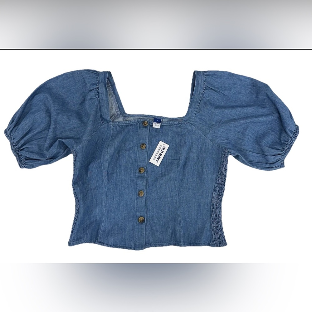 Old Navy Denim Top Ruched Sides Puff Sleeves Buttons SzS Cottage Boho Fairy